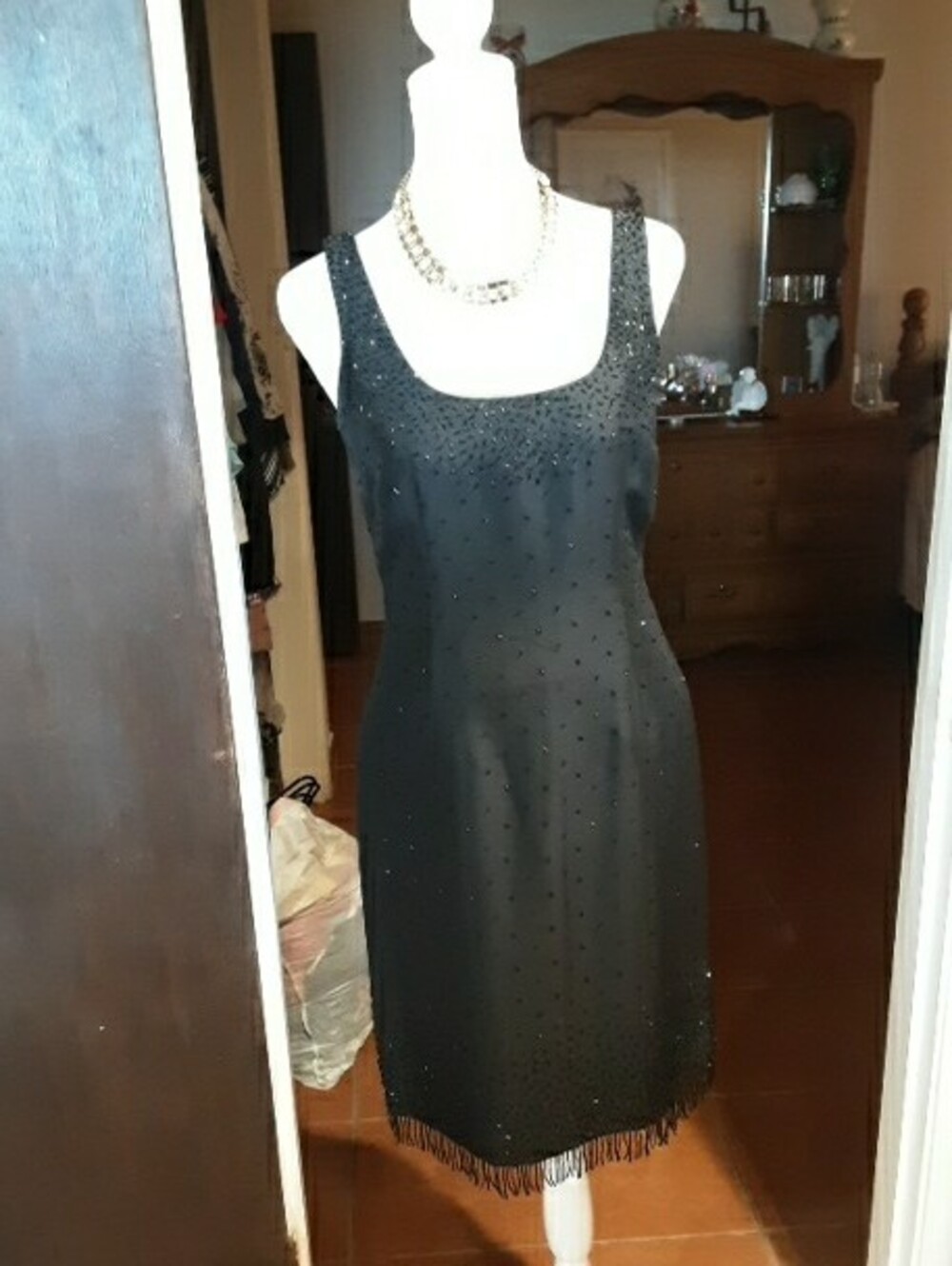 Ann Taylor Black Beaded Midi Dress with Fringe Hem